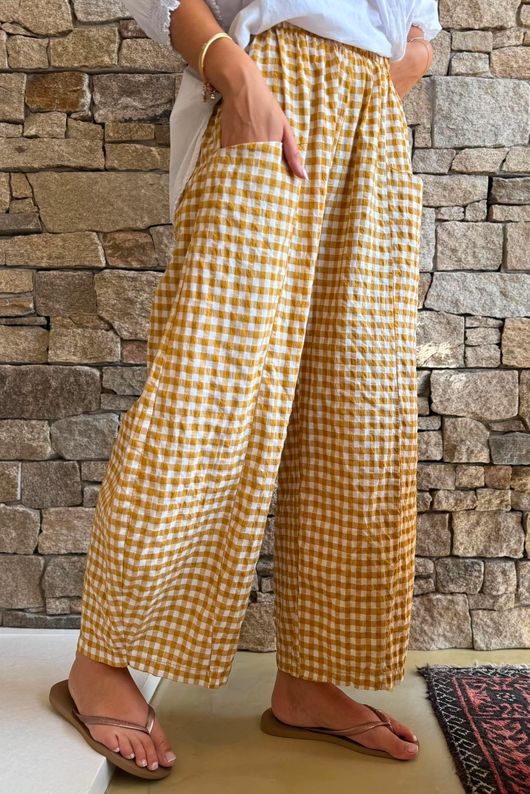 Nonni Gingham Relaxed Barrel Pant Mustard